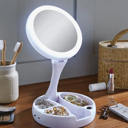 Folding LED Beauty Mirror – Portable Rechargeable Makeup Mirror with LED Light