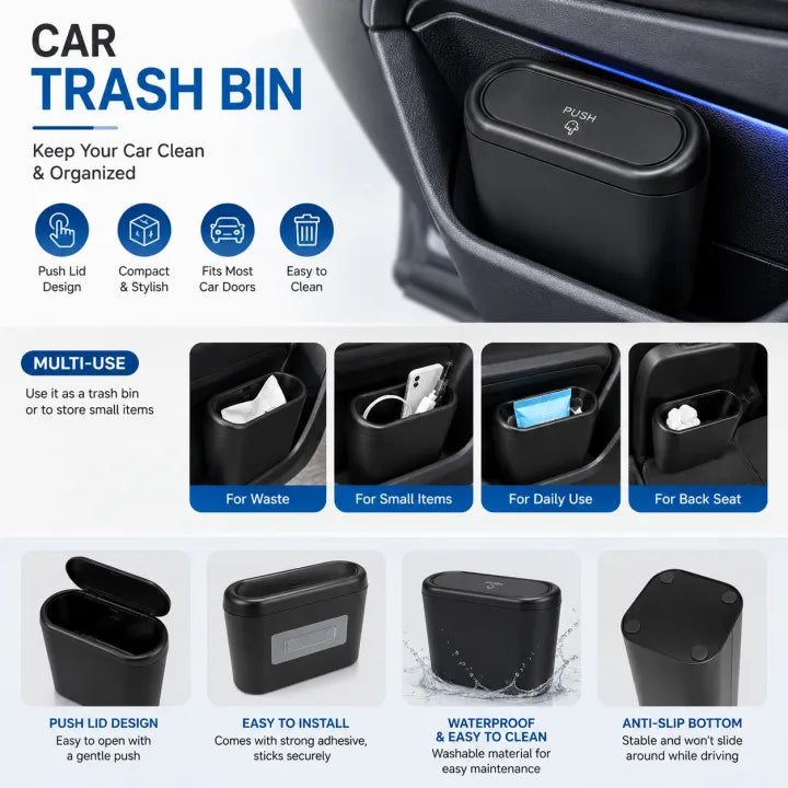 Portable Car Trash Bin – Mini Car Garbage Can with Leak-Proof Lid for Vehicle