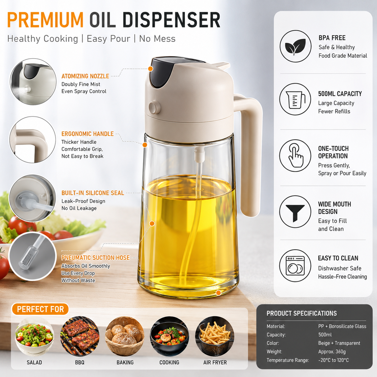 Refillable Oil Spray Bottle – Kitchen Oil Mister for Cooking, Baking & Air Frying