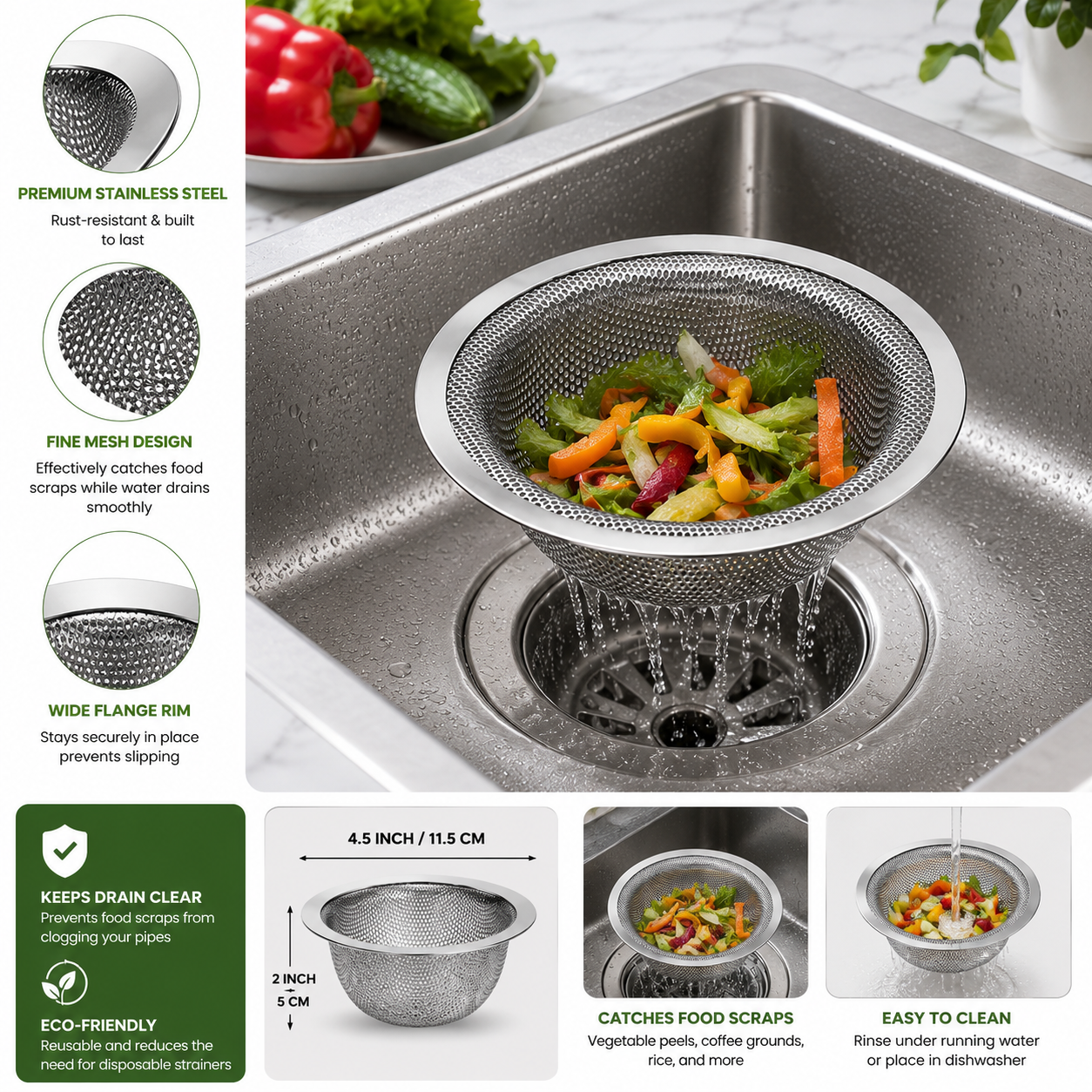 Sink Drain Filter Basket – Stainless Steel Kitchen Sink Strainer for Food Waste & Debris