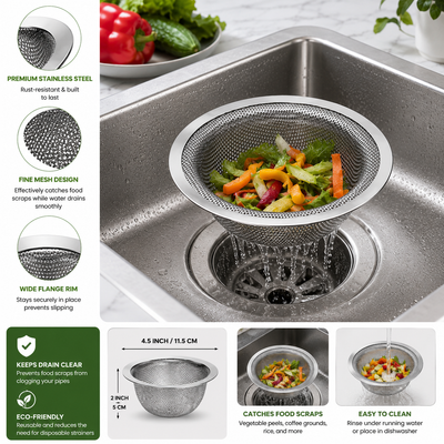 Sink Drain Filter Basket – Stainless Steel Kitchen Sink Strainer for Food Waste & Debris