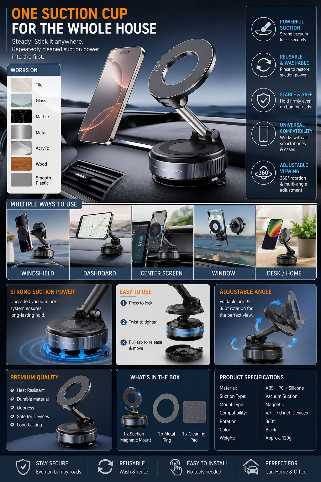 Magnetic Car Phone Holder – 360° Adjustable Universal Phone Mount for Dashboard & Air Vent