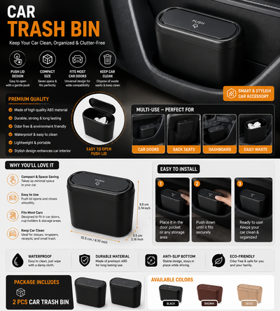Portable Car Trash Bin – Mini Car Garbage Can with Leak-Proof Lid for Vehicle