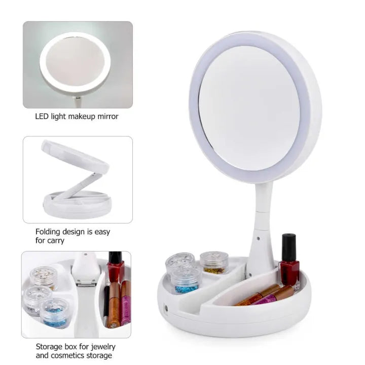 Folding LED Beauty Mirror – Portable Rechargeable Makeup Mirror with LED Light